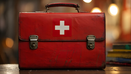 Vintage red first aid kit with white cross symbol