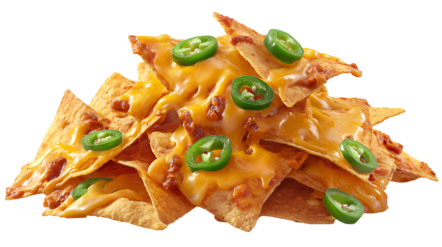 Delicious pile of crispy tortilla chips covered in melted cheddar cheese and topped with sliced jalape os isolated on transparent background