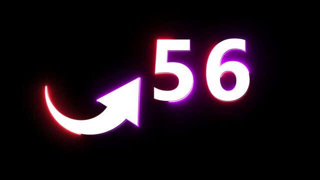 Neon count number 56 animation. Counting neon number with arrow icon animation. 