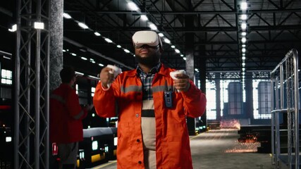African american worker uses VR headset during technology training session on the factory floor, showing labor strength for industrial development. Improving heavy production practices. Camera B. - Powered by Adobe