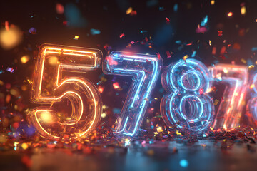 Neon glowing numbers with confetti on dark background, new year celebration, futuristic style joy happiness, party countdown design, celebration concept