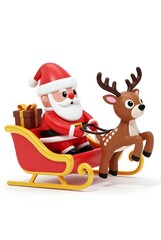 Fototapeta premium salta clause bring gifts on sleigh with reindeer 3d rendering isolated on white background cartoon plastic style icon