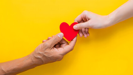 Two hands exchange a red heart symbol against a bright yellow background