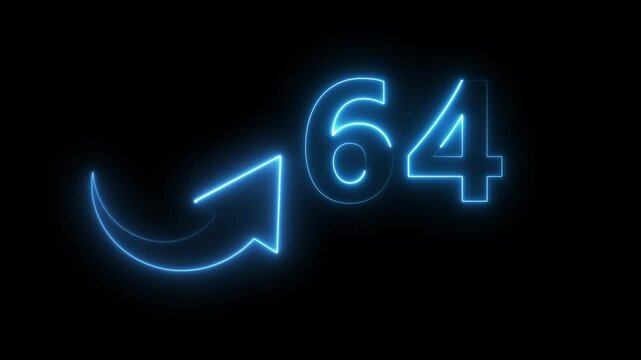 Neon count number 64 animation. Counting neon number with arrow icon animation. 