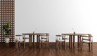 Scandinavian Wooden Dining PNG – Isolated Round Oak Tables with Minimalist Curved Wooden Chairs, Warm Floor and Decorative Plant, Background Removed