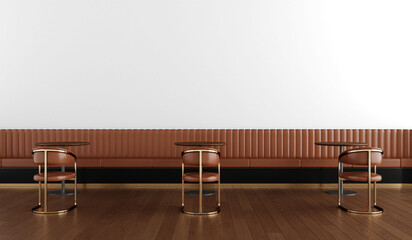 Naklejka premium Luxury Café Booth PNG – Isolated Ribbed Leather Bench with Elegant Round Tables and Gold-Framed Chairs, Dark Wood Floor, Background Removed
