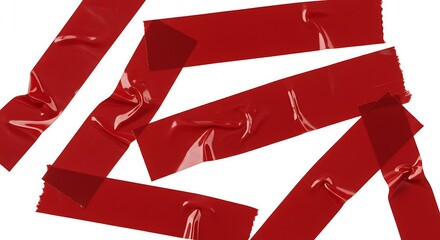 Red strips of adhesive tape haphazardly arranged on a white background, suggesting containment