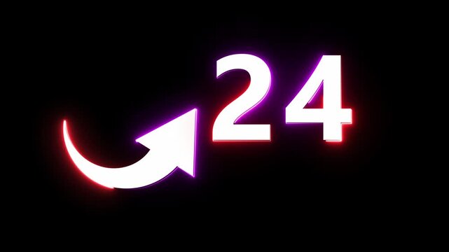 Neon count number 24 animation. Counting neon number with arrow icon animation. 