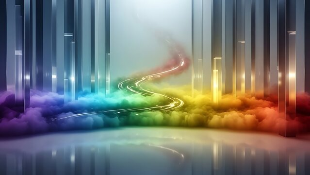 Discover a stunning rainbow cloudscape with ethereal light trails, perfect for modern design projects and visionary concepts that need a touch of magic and vibrant color
