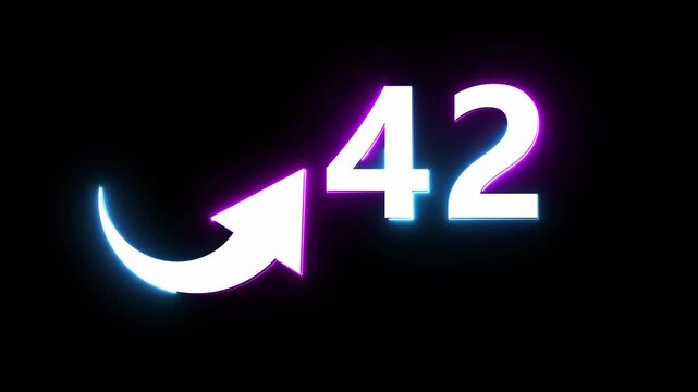 Neon count number 42 animation. Counting neon number with arrow icon animation. 