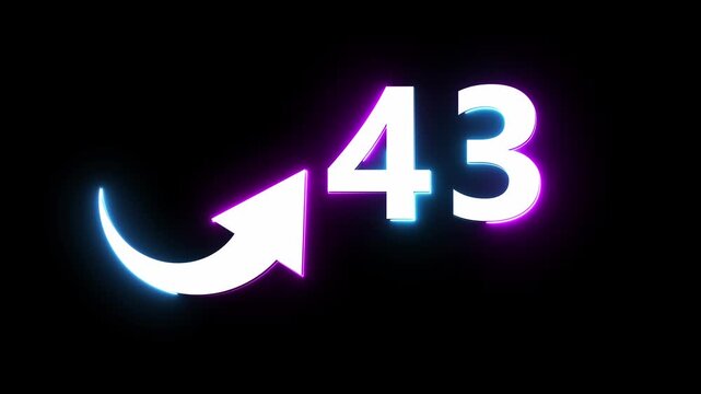 Neon count number 43 animation. Counting neon number with arrow icon animation. 