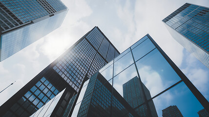 Low angle view of modern glass skyscrapers against a cloudy sky architecture building