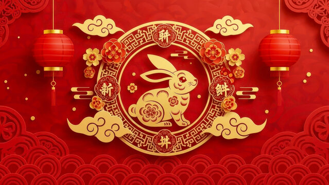 Chinese new year celebration with a golden rabbit emblem surrounded by red lanterns and auspicious clouds on a vibrant red background, symbolizing the year of the rabbit - Powered by Adobe