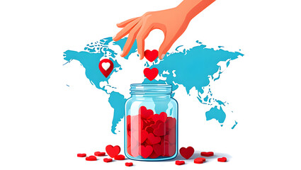 Hand placing heart on world map with jar of hearts for global charity