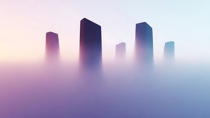 Dreamy futuristic cityscape emerging from a soft pastel fog, creating a sense of mystery and modern elegance, perfect for technology, innovation, and forward-thinking concepts