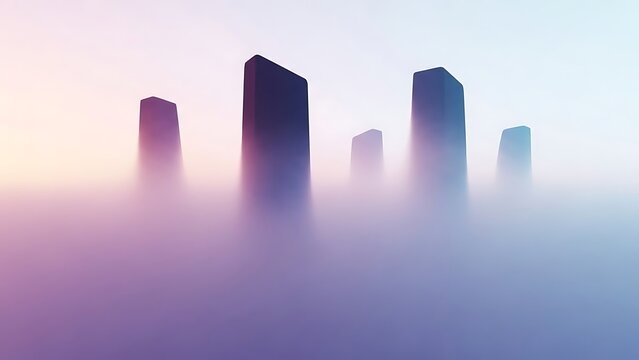 Dreamy futuristic cityscape emerging from a soft pastel fog, creating a sense of mystery and modern elegance, perfect for technology, innovation, and forward-thinking concepts