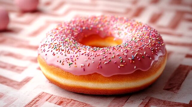 Colorful donut with pink icing and sprinkles on a patterned background