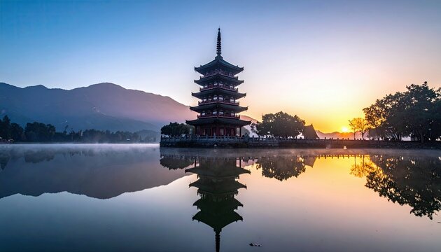 A traditional pagoda stands on the edge of a lake, reflecting in the water during a beautiful sunrise. The scene is peaceful and serene, with mist rising from t - Powered by Adobe