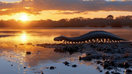 A dinosaur walks along the shore of a lake at sunset. The sky is filled with warm colors.