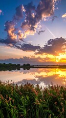 Reflective lake landscape with fiery sunset and fluffy clouds. Vegetation in foreground