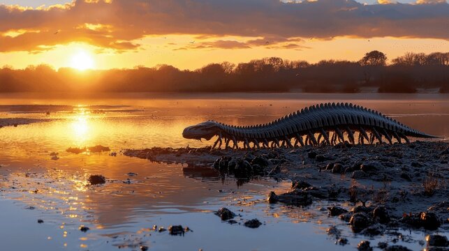 A dinosaur walks along the shore of a lake at sunset. The sky is filled with warm colors.