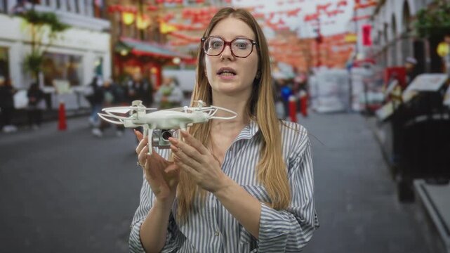 Young blonde woman holds white camera quadcopter drone in busy urban street; innovation exploration technology curiosity.