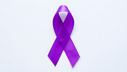 Purple awareness ribbon on a white background symbolizing support and hope
