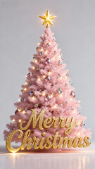 pink Christmas tree, glowing lights, golden star topper, "Merry Christmas" text, festive decor, minimalist background