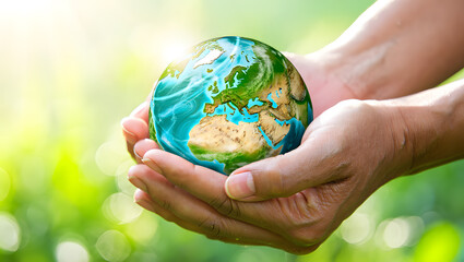 Hands holding a glowing earth globe with sunlight and green nature background