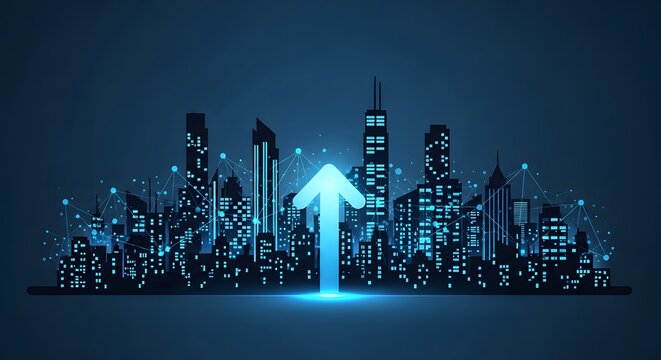 Digital city skyline with glowing blue arrow pointing upward for growth - Powered by Adobe
