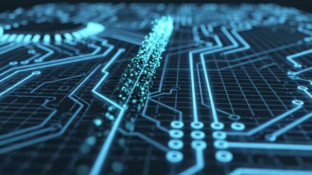 Circuit Board Technology Background with Glowing Blue Lines and Particle Stream Animation for High Tech Industry Presentations and Digital Network Visuals 198