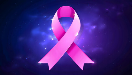 Pink ribbon symbol of breast cancer awareness on a cosmic background
