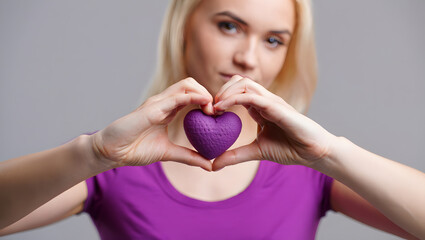 Woman holding a purple heart shape with her hands