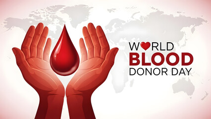 World blood donor day hands holding a blood drop with world map background