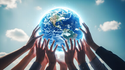 Hands reaching up holding the glowing earth against a bright sky