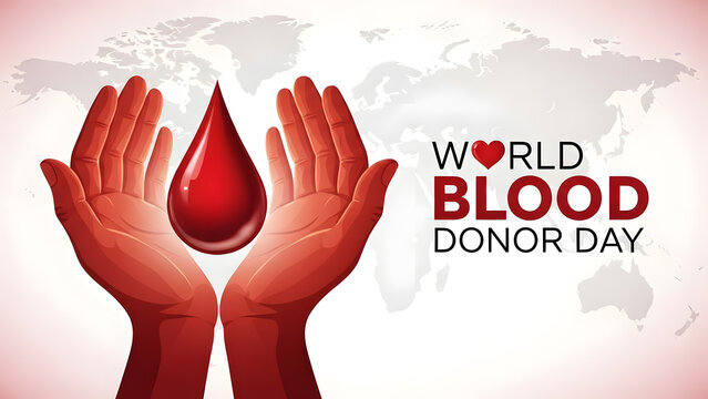 World blood donor day hands holding a blood drop with world map background - Powered by Adobe