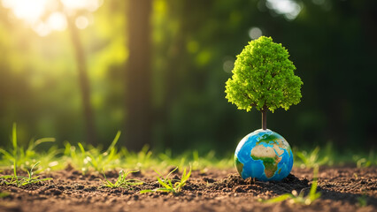 Green tree growing from a small globe in a forest setting with sunlight