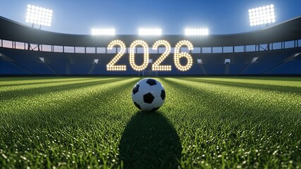 Soccer ball on field with 2026 illuminated in stadium lights
