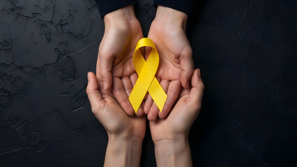 Hands holding a yellow awareness ribbon for childhood cancer support