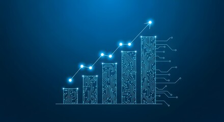 Digital bar chart showing upward trend with glowing circuit board pattern