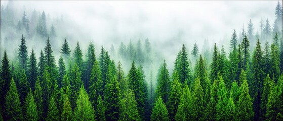 A panoramic view of a lush green forest with tall evergreen trees shrouded in a misty fog, creating a serene and natural landscape.