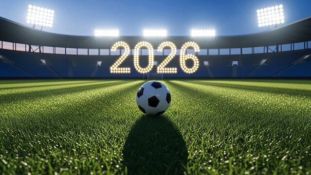 Soccer ball on field with 2026 illuminated in stadium lights