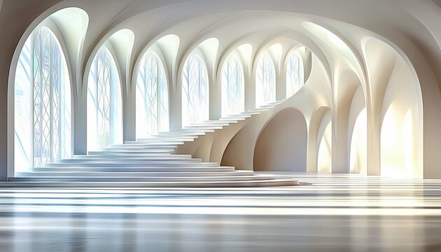 A modern architectural interior featuring a staircase, arched ceilings, and large windows, bathed in bright, natural light. The space is minimalist and elegant. - Powered by Adobe