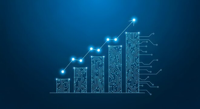 Digital bar chart showing upward trend with glowing circuit board pattern