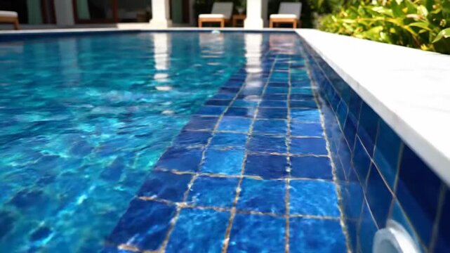 Refreshing clear swimming pool water surface reflections and blue tile detail
