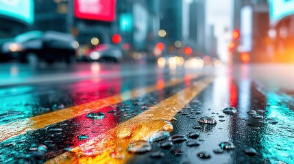 Vibrant rainy day street scene urban cityscape photography reflective surface low angle dynamic atmosphere