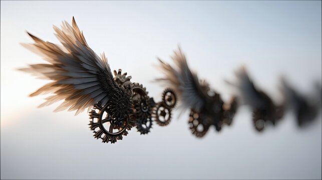 Close-up of steampunk wings with feathers and gears floating in a clear sky, evoking themes of fantasy and innovation.