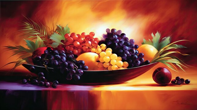 A colorful still life painting featuring a bowl of various grapes and other fruits, with warm, inviting lighting. - Powered by Adobe
