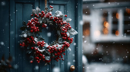 Christmas wreath with red berries on blue door during snowfall | Festive winter holiday decor on front door with snowflakes | Traditional Christmas wreath with snow and cozy background lights