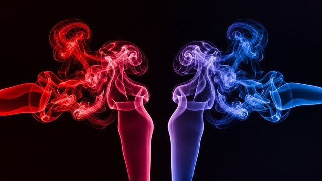Abstract red and blue smoke swirling against a black background - Powered by Adobe